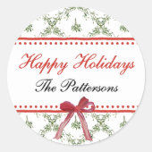 ハッピーホリデーズミスタントーレッドボウカスタムクリスマス ラウンドシール (正面)