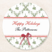 ハッピーホリデーズミスタントーレッドボウカスタムクリスマス ラウンドペーパーコースター (正面)