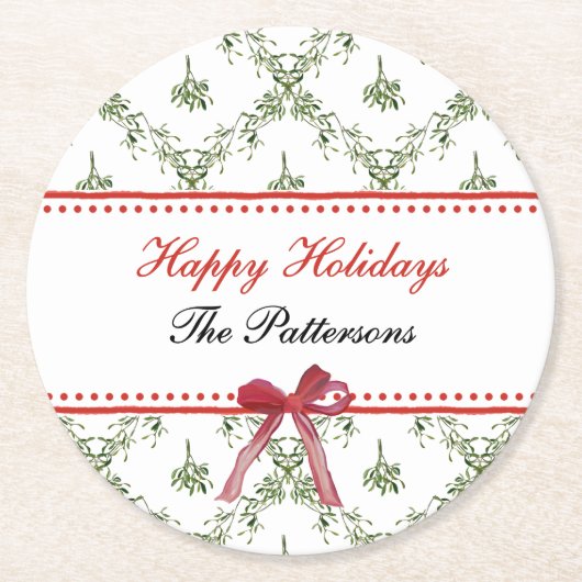 ハッピーホリデーズミスタントーレッドボウカスタムクリスマス ラウンドペーパーコースター (正面)