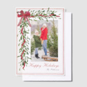 ハッピーホリデーズミスタントーレッドボウファミリーフォト ベラム紙招待状 (オフセット)