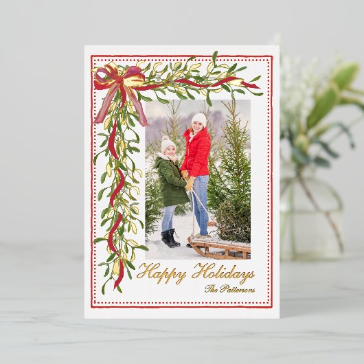 ハッピーホリデーズミスタントーレッドボウファミリーフォト 箔シーズンカード (立ち正面)