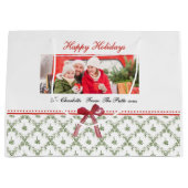 ハッピーホリデーズミスタントーレッドボウ名前をカスタムする写真 ラージペーパーバッグ (正面)