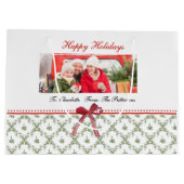 ハッピーホリデーズミスタントーレッドボウ名前をカスタムする写真 ラージペーパーバッグ (裏面)