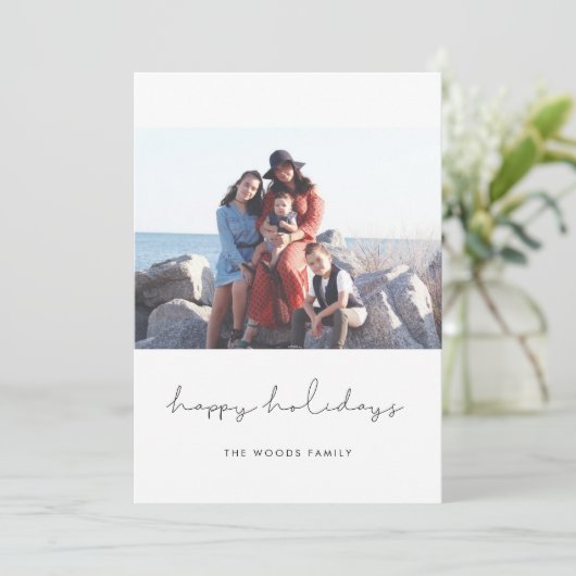 ハッピーホリデーズミニマリストのスクリプトフォト シーズンカード (スタンド正面)