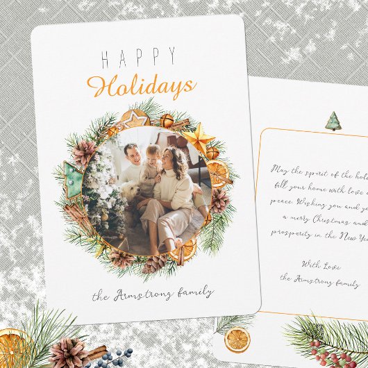 ハッピーホリデーズミニマルリースオレンジフォト シーズンカード