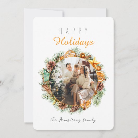 ハッピーホリデーズミニマルリースオレンジフォト シーズンカード (正面)