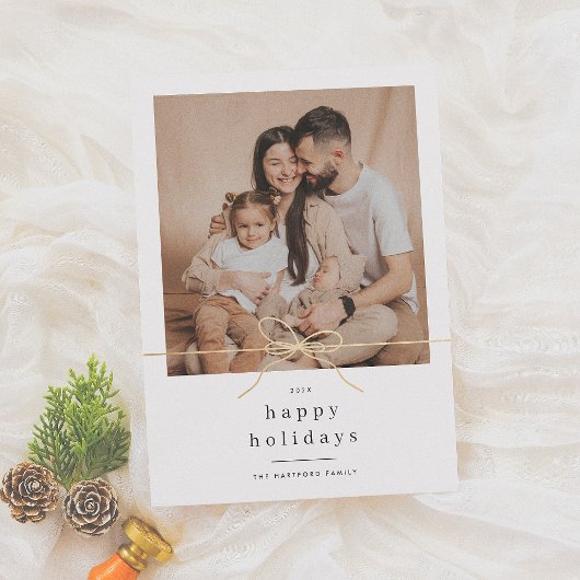 ハッピーホリデーズミニマル金ゴールドボウクリスマスフォト シーズンカード