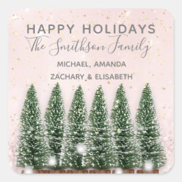 ハッピーホリデーズメリークリスマスツリーズ金ゴールドピンク スクエアシール