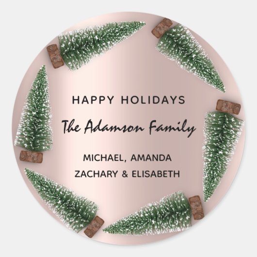 ハッピーホリデーズメリークリスマスツリーネームバラ ラウンドシール (正面)