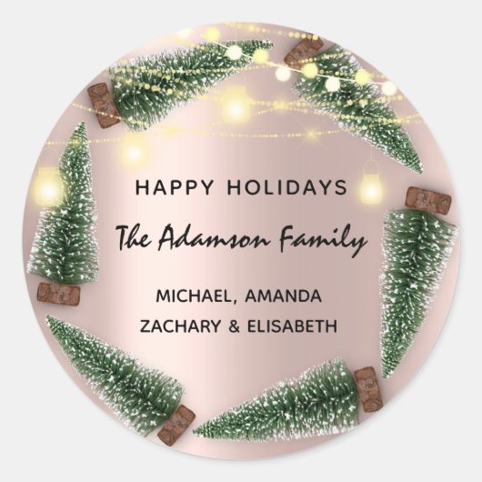 ハッピーホリデーズメリークリスマスツリーネームバラ ラウンドシール (正面)