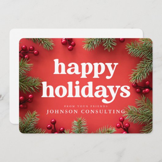 ハッピーホリデーズモダンホリーベリーパインズニードルレッド シーズンカード (正面/裏面)