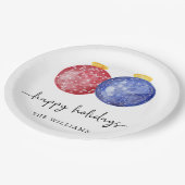 ハッピーホリデーズモダンレッドブルーオーナメントシンプルズ ペーパープレート (アングル)