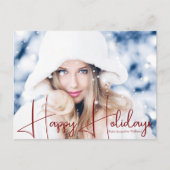 ハッピーホリデーズモデルヘッドショットレッドスクリプトオーバーレイ シーズンポストカード (正面)