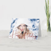 ハッピーホリデーズモデルヘッドショットレッドスクリプトクリスマス シーズンカード (正面)