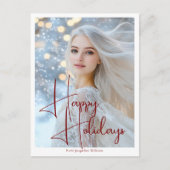 ハッピーホリデーズモデルヘッドショットレッドスクリプト シーズンポストカード (正面)