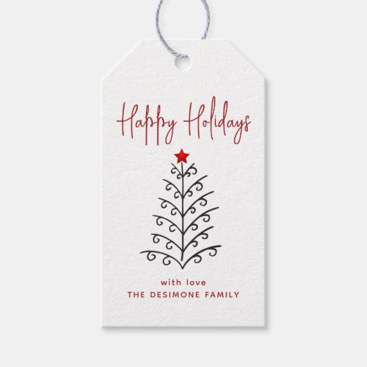 ハッピーホリデーズラインアートツリーレッド ギフトタグ (正面)