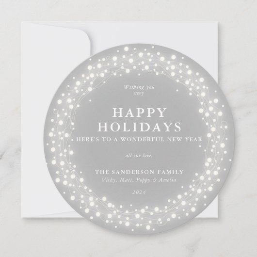 ハッピーホリデーズラウンドグレイきらめくライト シーズンカード (正面)