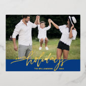 ハッピーホリデーズラージフォトクリスマスレターブルー 箔シーズンポストカード (正面)