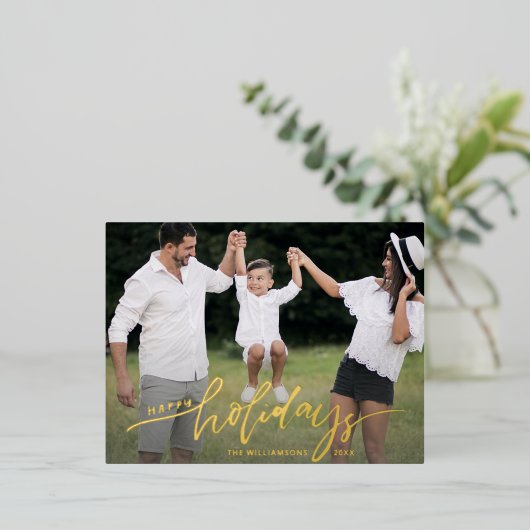 ハッピーホリデーズラージフォトクリスマスレター金ゴールド 箔シーズンポストカード (立ち正面)