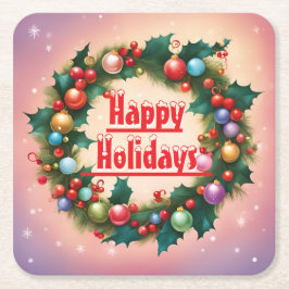 ハッピーホリデーズリースカラフルクリスマスススススノー スクエアペーパーコースター
