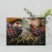 ハッピーホリデーズレッドと金ゴールドスクリプト写真 箔シーズンカード (立ち正面)