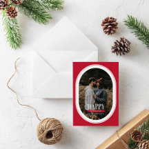 ハッピーホリデーズレッドオーバルフレームフォトカード