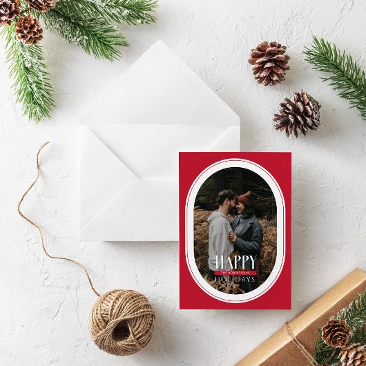 ハッピーホリデーズレッドオーバルフレームフォトカード シーズンカード