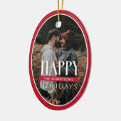 ハッピーホリデーズレッドオーバルフレームフォトカード セラミックオーナメント (左)
