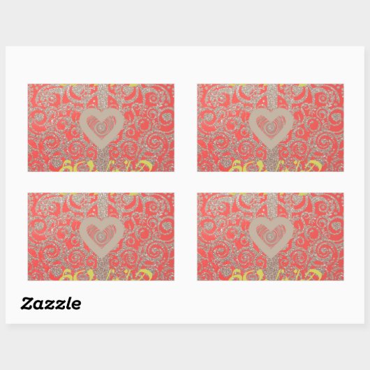 ハッピーホリデーズレッドグリッターハートデザイン 長方形シール (シート)