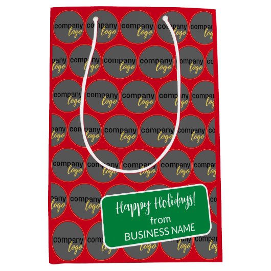 ハッピーホリデーズレッドグリーンビジネスロゴブランド ミディアムペーパーバッグ (正面)
