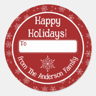 ハッピーホリデーズレッドステッカーと雪片 ラウンドシール