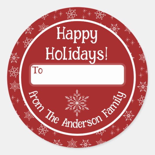 ハッピーホリデーズレッドステッカーと雪片 ラウンドシール (正面)