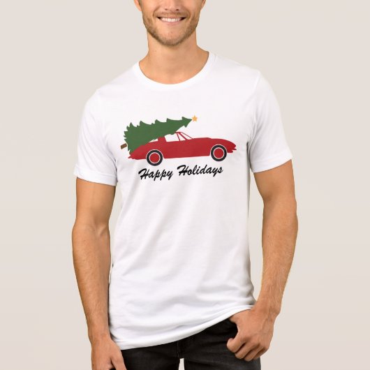 ハッピーホリデーズレッドスポーツカークリスマスツリー トライブレンドTシャツ (正面)