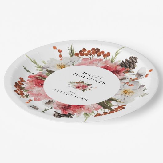 ハッピーホリデーズレッドパーソナライズされたフローラ ペーパープレート (アングル)