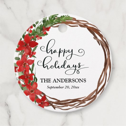 ハッピーホリデーズレッドフローラウォーターカラーリース フェイバータグ (正面)