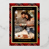 ハッピーホリデーズレッドプレイドタータンチェックフォトクリスマス 箔シーズンカード (正面)