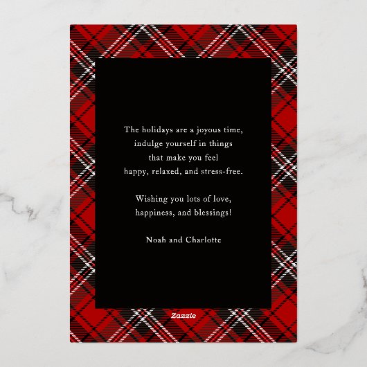 ハッピーホリデーズレッドプレイドタータンチェックフォトクリスマス 箔シーズンカード (裏面)