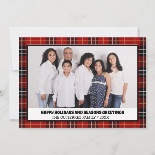 ハッピーホリデーズレッドプレイドフォトファミリークリスマス シーズンカード (正面)