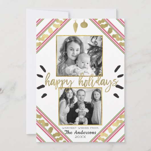 ハッピーホリデーズレッドホワイトグリーンストライプズ写真 シーズンカード (正面)