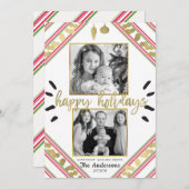ハッピーホリデーズレッドホワイトグリーンストライプズ写真 シーズンカード (正面/裏面)