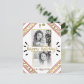 ハッピーホリデーズレッドホワイトグリーンストライプズ写真 シーズンポストカード (スタンド正面)