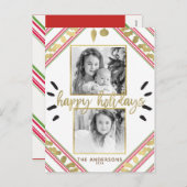 ハッピーホリデーズレッドホワイトグリーンストライプズ写真 シーズンポストカード (正面/裏面)