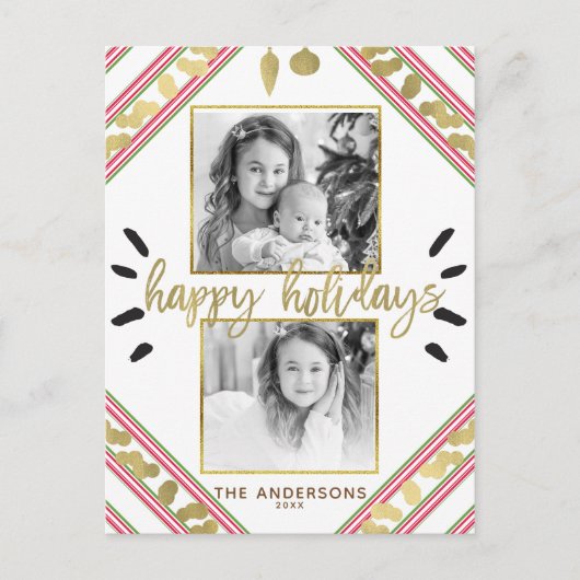 ハッピーホリデーズレッドホワイトグリーンストライプズ写真 シーズンポストカード (正面)