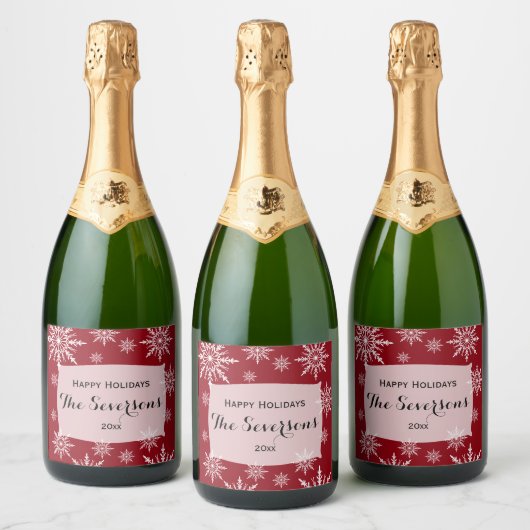 ハッピーホリデーズレッドホワイトスノーフレーク スパークリングワインラベル (ボトル)