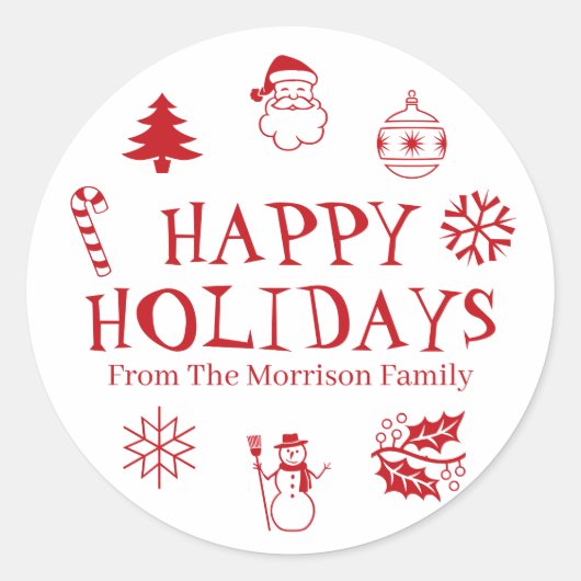 ハッピーホリデーズレッドホワイト名前をカスタムするかわいい好意 ラウンドシール (正面)