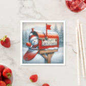 ハッピーホリデーズレッドメールボックスと手なびく雪だるま スタンダードカクテルナプキン (インサイチュ)