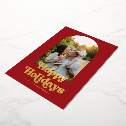 ハッピーホリデーズレッドレトロタイプアーチフォト金ゴールド 箔シーズンカード (回転した状態)