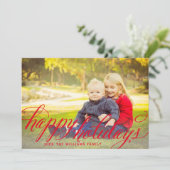 ハッピーホリデーズレッド手書きスクリプトフォト シーズンカード (スタンド正面)