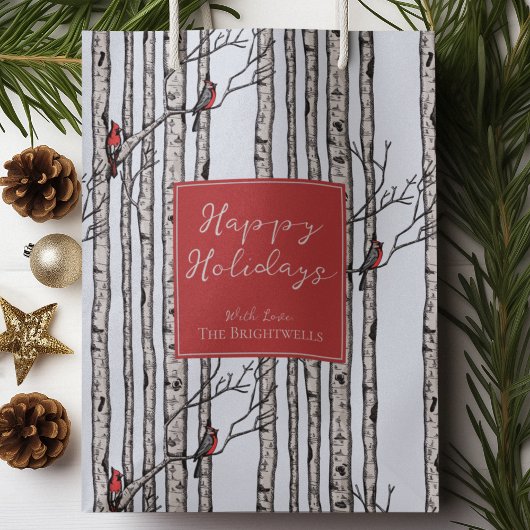 ハッピーホリデーズレッド深紅色樺の木フォレスト ミディアムペーパーバッグ