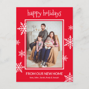 ハッピーホリデーズレッド&ホワイトスノーフレークスフォトムービング 案内ポストカード